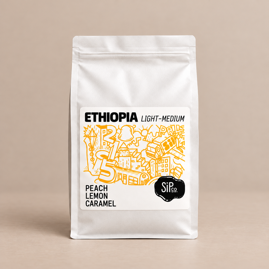 Ethiopia — Acacia Washed, 12 oz whole bean, white bag with golden-yellow illustration