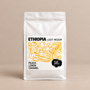 Ethiopia — Acacia Washed, 12 oz whole bean, white bag with golden-yellow illustration