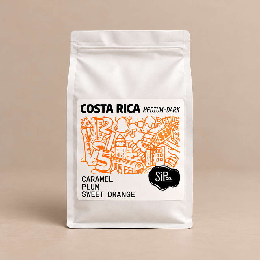 Costa Rica — Aquiares Estates, 12 oz whole bean, white bag with orange illustration