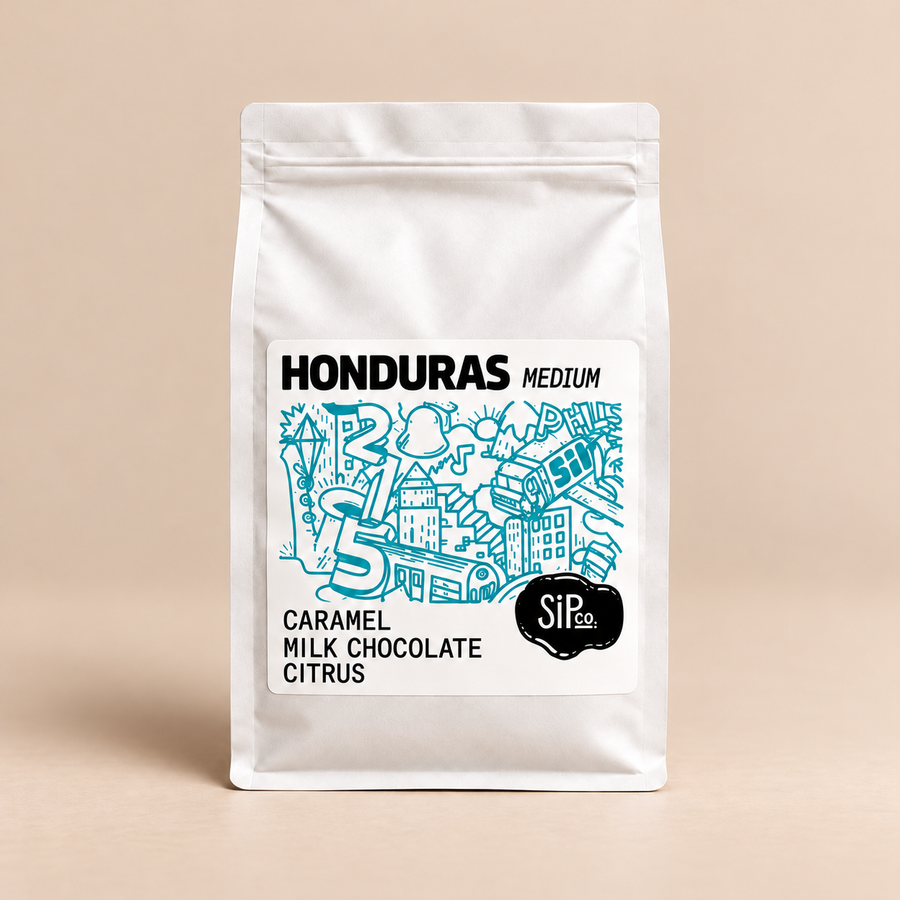 Honduras — Medium Roast, 12 oz whole bean, white bag with blue illustration