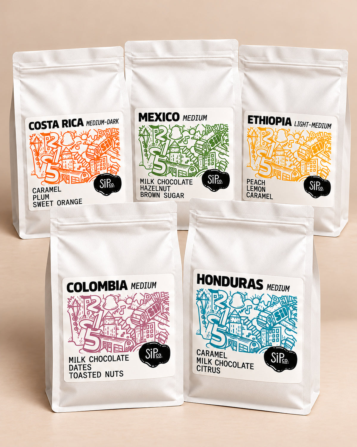 The Full Collection: five SiPco 12 oz single-origin bags